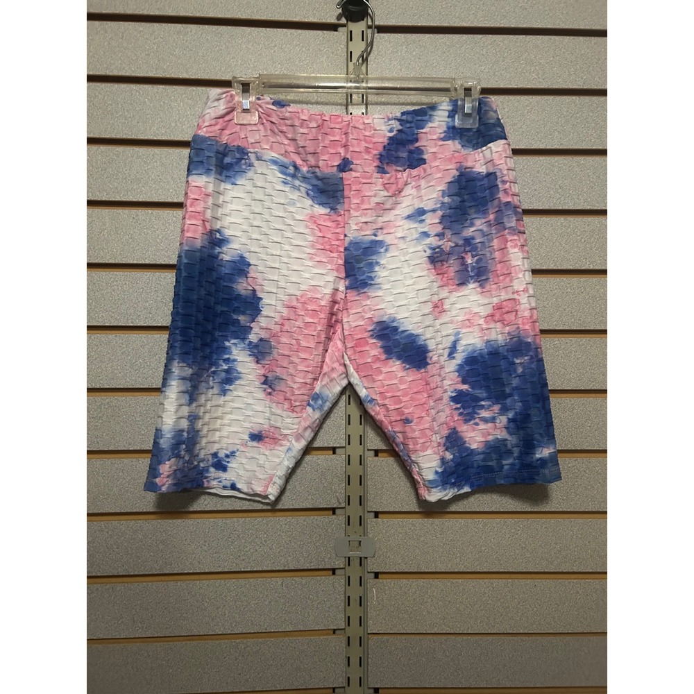 Hot Kiss Pink Blue Tie Dye Honeycomb Bubble Scrunch Butt Biker Shorts XL Womens